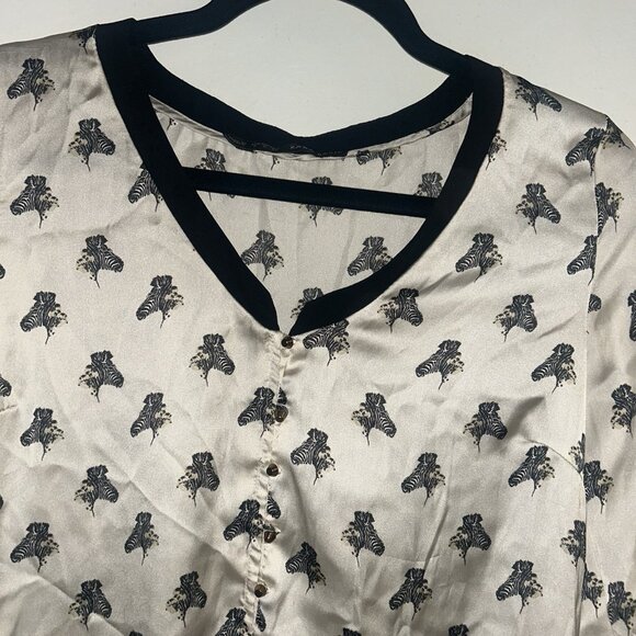 Zara Zebra Print Off White Black Trim Novelty Chic Polyster Blouse Size Small - Picture 3 of 8